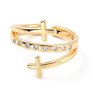 Double Cross Cubic Zirconia Open Cuff Ring, Brass Jewelry for Women, Cadmium Free & Lead Free, Real 18K Gold Plated, US Size 6(16.5mm)(RJEW-C024-06G)