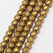 Electroplate Non-magnetic Synthetic Hematite Beads Strands, Faceted, Frosted, Round, Grade A, Golden Plated, 4mm, Hole: 1mm, about 100pcs/strand, 16 inch(G-J169C-4mm-04)