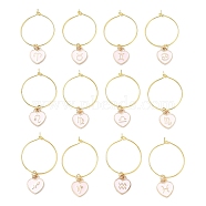 12Pcs Heart with Constellation Alloy Enamel Wine Glass Charms Sets, with Brass Hoop Earrings Findings, Golden, Pink, 45mm(AJEW-JO00230-02)