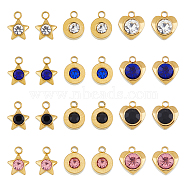 48Pcs 12 Style 304 Stainless Steel Pendants, with Rhinestone, Star & Flat Round & Heart, Golden, Mixed Color, 9.5~10.5x7.5~9.5x3~4mm, Hole: 1.4mm, 4Pcs/style(STAS-DC0013-06)