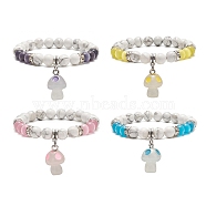 4Pcs 4 Color Natural Howlite Round Beaded Stretch Bracelets Set, Glow in the Dark Luminous Resin Mushroom Charms Stackable Bracelets for Women, Mixed Color, Inner Diameter: 2-1/8 inch(5.3cm), 1Pc/color(BJEW-TA00235)