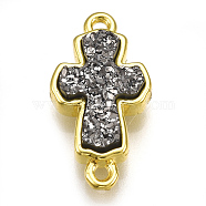 Electroplate Druzy Resin Links connectors, with Brass Findings, Cross, Golden, Gray, 18.5x10x4mm, Hole: 1.2mm(RESI-S363-03B)