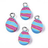 Handmade Polymer Clay Charms, with Platinum Tone Iron Loop, Easter Egg, Deep Sky Blue, 13~14.5x8~9x4~5mm, Hole: 2mm(CLAY-S096-017)