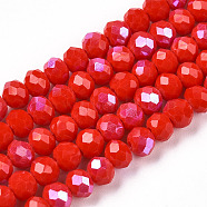 Electroplate Opaque Solid Color Glass Beads Strands, Half Rainbow Plated, Faceted, Rondelle, Orange Red, 4x3mm, Hole: 0.4mm, about 123~127pcs/strand, 16.5~16.9 inch(42~43cm)(EGLA-A034-P4mm-L24)