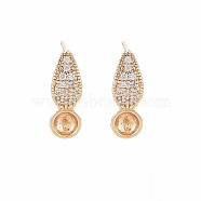 Brass Micro Pave Clear Cubic Zirconia Stud Earring Findings, for Half Drilled Beads, with Brass Pins, Nickel Free, Leaf, Real 18K Gold Plated, 18x6mm, Pin: 0.6mm, pin: 0.8mm(for half drilled beads)(KK-S364-127)