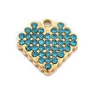 304 Stainless Steel Rhinestone Charms, Heart, Ion Plating(IP), Real 14K Gold Plated, Blue Zircon, 11.5x11.5x2mm, Hole: 1mm(STAS-M092-06G-02)