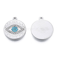 304 Stainless Steel Pendants, with Aquamarine Rhinestone, Flat Round with Eye, Stainless Steel Color, 21x18x2.5mm, Hole: 1.4mm(STAS-N098-178P)