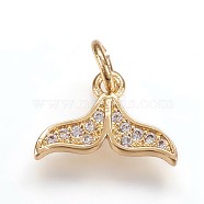 Brass Micro Pave Cubic Zirconia Charms Pendants, Whale Tail Shape, Golden, 9x13x2mm, Hole: 3mm(ZIRC-K070-36G)