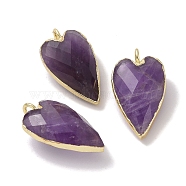 Natural Amethyst Pendants, Faceted Heart Charms, with Golden Plated Brass Edge Loops, 22.5x13x7.5mm, Hole: 3mm(G-G012-12G-10)