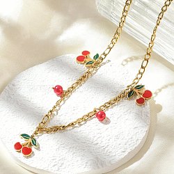 304 Stainless Steel Red Enamel Cherry and Round Plastic Pendant Necklaces for Women, Golden, 15.75 inch(40cm)(NJEW-M091-01G)