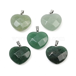 Natural Green Aventurine Pendants, Faceted Heart Charms, with Iron Bails, Platinum, 21.5~22.5x23~23.5x9~10mm, Hole: 2.5x7~7.5mm(G-A281-02P-05)