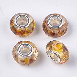 Resin European Beads, Large Hole Beads, with Silver Color Plated Brass Cores, Rondelle, Goldenrod, 14x8.5~9mm, Hole: 5mm(RPDL-S013-09B)