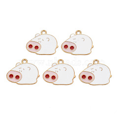 Alloy Enamel Pendants, Cadmium Free & Lead Free, Light Gold, Pig, White, 18x22x1.5mm, Hole: 1.8mm(ENAM-T016-17-RS)