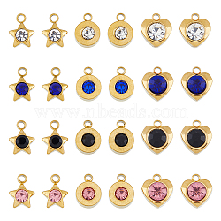 48Pcs 12 Style 304 Stainless Steel Pendants, with Rhinestone, Star & Flat Round & Heart, Golden, Mixed Color, 9.5~10.5x7.5~9.5x3~4mm, Hole: 1.4mm, 4Pcs/style(STAS-DC0013-06)