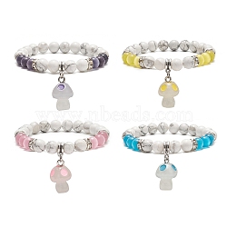 4Pcs 4 Color Natural Howlite Round Beaded Stretch Bracelets Set, Glow in the Dark Luminous Resin Mushroom Charms Stackable Bracelets for Women, Mixed Color, Inner Diameter: 2-1/8 inch(5.3cm), 1Pc/color(BJEW-TA00235)