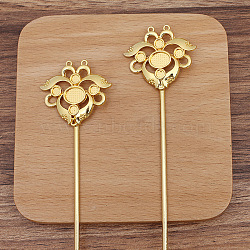 Lotus Alloy Hair Sticks Findings, Cabochons Settings, with Iron Sticks and Loop, Golden, 120x35mm, Tray: 7x9mm(PW-WG13748-01)