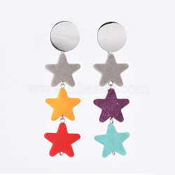 Dangle Earrings, with Flocky Acrylic Beads, 304 Stainless Steel Stud Earring Findings and Eye Pin, Star, Colorful, 90mm, Pin: 0.8mm(X-EJEW-JE03616)