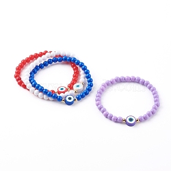 Opaque Acrylic Stretch Beaded Bracelets, with Polymer Clay Evil Eye Beads and Golden Plated Brass Beads, Mixed Color, Inner Diameter: 2-1/4 inch(5.6cm)(BJEW-JB06171)