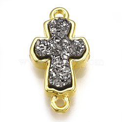 Electroplate Druzy Resin Links connectors, with Brass Findings, Cross, Golden, Gray, 18.5x10x4mm, Hole: 1.2mm(RESI-S363-03B)