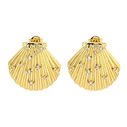 Rack Plating Brass Micro Pave Cubic Zirconia Stud Earring, Cadmium Free & Lead Free, Long-Lasting Plated, Shell Shape, Clear, Real 18K Gold Plated, 20x21mm(EJEW-C102-35G-01)