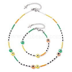 Resin Evil Eye & Glass Seed Beaded Jewelry Set, Beaded Necklaces & Bracelets, Green, Necklaces: 19~19-1/8 inch(48.2~48.5cm); Bracelets: 10-1/8~10-3/8 inch(25.7~26.5cm)(SJEW-MZ00001)