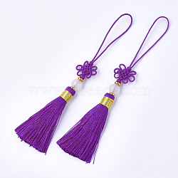 Polyester Tassel Big Pendant Decorations, with Jade Bead, Chinese Knot, Dark Violet, 70~76x14~18mm(FIND-S297-12)