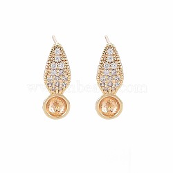 Brass Micro Pave Clear Cubic Zirconia Stud Earring Findings, for Half Drilled Beads, with Brass Pins, Nickel Free, Leaf, Real 18K Gold Plated, 18x6mm, Pin: 0.6mm, pin: 0.8mm(for half drilled beads)(KK-S364-127)