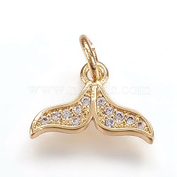 Brass Micro Pave Cubic Zirconia Charms Pendants, Whale Tail Shape, Golden, 9x13x2mm, Hole: 3mm(ZIRC-K070-36G)