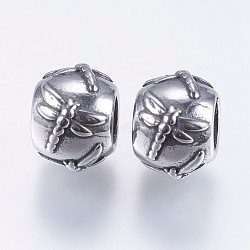 304 Stainless Steel European Beads, Large Hole Beads, Rondelle with Dragonfly, Antique Silver, 10x8mm, Hole: 5mm(STAS-I069-16AS)