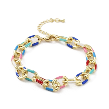 Brass Cable Chain Bracelets, with Colorful Enamel, Real 18K Gold Plated, 7-7/8 inch(20cm), Wide: 9mm