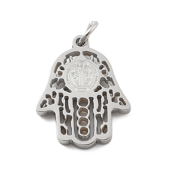 304 Stainless Steel Pendants, with Jump Ring, Hollow Hamsa Hand with Saint Charm, Stainless Steel Color, 18.5x14.5x2mm, Hole: 3.5mm