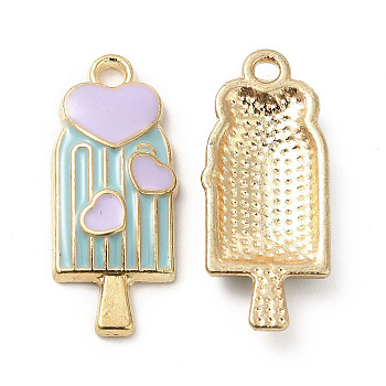 Summer Theme Alloy Enamel Pendants, Ice Sucker with Heart Charms, Golden, Pale Turquoise, 24x10x3mm, Hole: 1.8mm