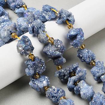 Electroplated Natural Druzy Agate Beads Strands, Nuggets, with Seed Beads, Steel Blue, 10~16x12.5~15x11.5~13mm, Hole: 0.8mm, about 14pcs/strand, 8.07~8.27''(20.5~21cm)