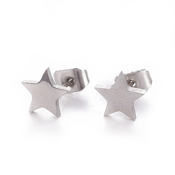 304 Stainless Steel Stud Earrings, Hypoallergenic Earrings, with Ear Nuts/Earring Back, Star, Stainless Steel Color, 7x7.5mm, Pin: 0.7mm, 12pairs/card