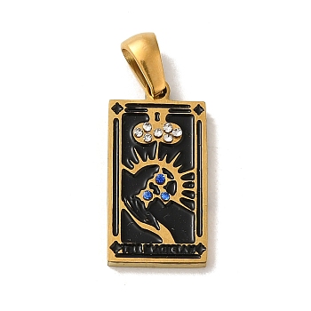 304 Stainless Steel Pendants, with Enamel and Glass Rhinestone, Rectangle with Tarot Charm, Golden, Black, 19x10.5x2.5mm, Hole: 4x7mm