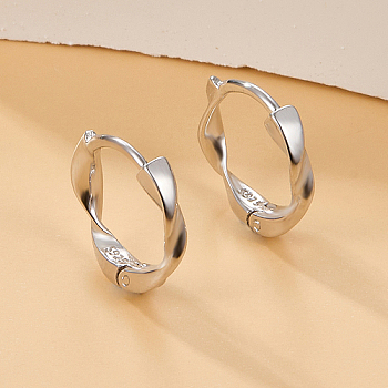 Rhodium Plated 925 Sterling Silver Twist Hoop Earrings for Women, with S925 Stamp, Platinum, 10x11x2mm