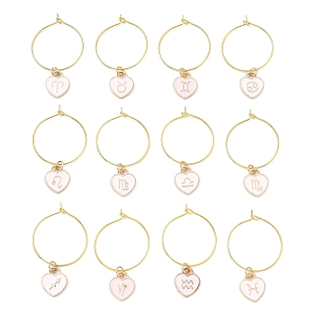 12Pcs Heart with Constellation Alloy Enamel Wine Glass Charms Sets, with Brass Hoop Earrings Findings, Golden, Pink, 45mm