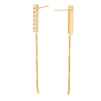 925 Sterling Silver Stud Earring Findings Micro Pave Cubic Zirconia, with S925 Stamp, Cuboid with Snake Chain, Real 18K Gold Plated, 47x2.5x2mm, Pin: 0.7×12mm