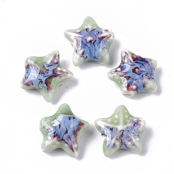 Handmade Porcelain Beads, Fancy Antique Glazed Porcelain, Starfish/Sea Stars, Medium Aquamarine, 19~20x20.5~22.5x7.5~8.5mm, Hole: 2mm