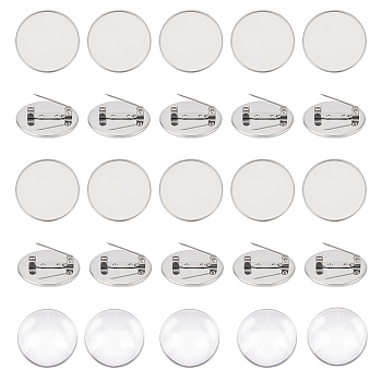 DIY Blank Dome Brooch Making Kit, Including Flat Round 304 Stainless Steel Brooch Cabochon Settings, Glass Cabochons, Stainless Steel Color, 40Pcs/box