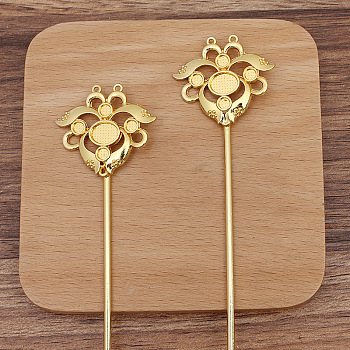 Lotus Alloy Hair Sticks Findings, Cabochons Settings, with Iron Sticks and Loop, Golden, 120x35mm, Tray: 7x9mm