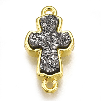 Electroplate Druzy Resin Links connectors, with Brass Findings, Cross, Golden, Gray, 18.5x10x4mm, Hole: 1.2mm
