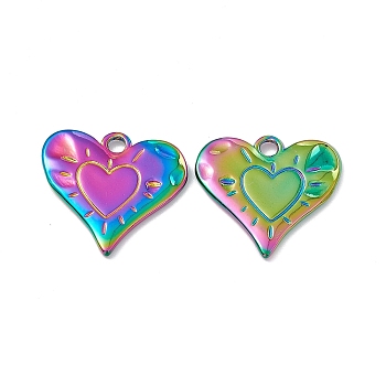 Ion Plating(IP) 304 Stainless Steel Pendants, Heart Charm, Rainbow Color, 24x25.5x2mm, Hole: 3mm