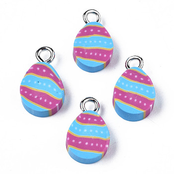 Handmade Polymer Clay Charms, with Platinum Tone Iron Loop, Easter Egg, Deep Sky Blue, 13~14.5x8~9x4~5mm, Hole: 2mm