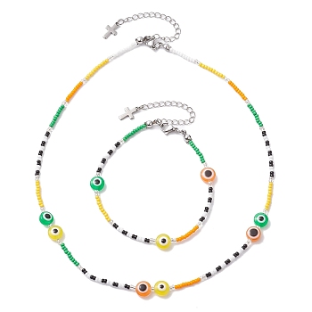 Resin Evil Eye & Glass Seed Beaded Jewelry Set, Beaded Necklaces & Bracelets, Green, Necklaces: 19~19-1/8 inch(48.2~48.5cm); Bracelets: 10-1/8~10-3/8 inch(25.7~26.5cm)