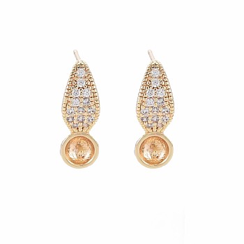 Brass Micro Pave Clear Cubic Zirconia Stud Earring Findings, for Half Drilled Beads, with Brass Pins, Nickel Free, Leaf, Real 18K Gold Plated, 18x6mm, Pin: 0.6mm, pin: 0.8mm(for half drilled beads)