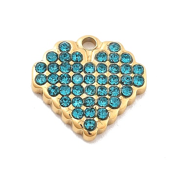 304 Stainless Steel Rhinestone Charms, Heart, Ion Plating(IP), Real 14K Gold Plated, Blue Zircon, 11.5x11.5x2mm, Hole: 1mm