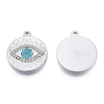 304 Stainless Steel Pendants, with Aquamarine Rhinestone, Flat Round with Eye, Stainless Steel Color, 21x18x2.5mm, Hole: 1.4mm