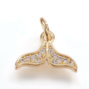 Brass Micro Pave Cubic Zirconia Charms Pendants, Whale Tail Shape, Golden, 9x13x2mm, Hole: 3mm