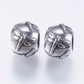 304 Stainless Steel European Beads, Large Hole Beads, Rondelle with Dragonfly, Antique Silver, 10x8mm, Hole: 5mm